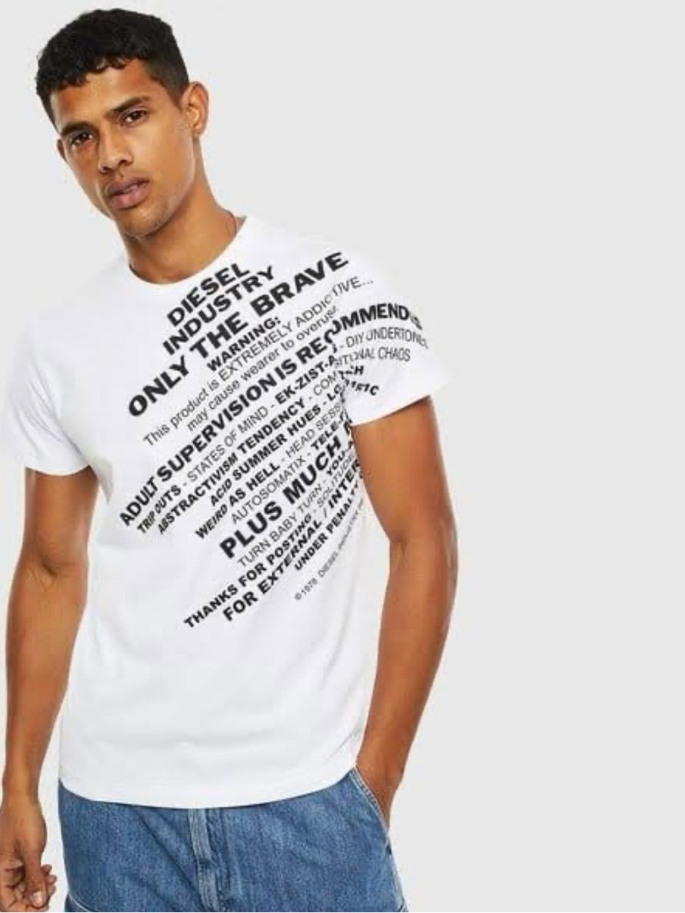 Diesel White Tee with Black Diagonal Text Graphic